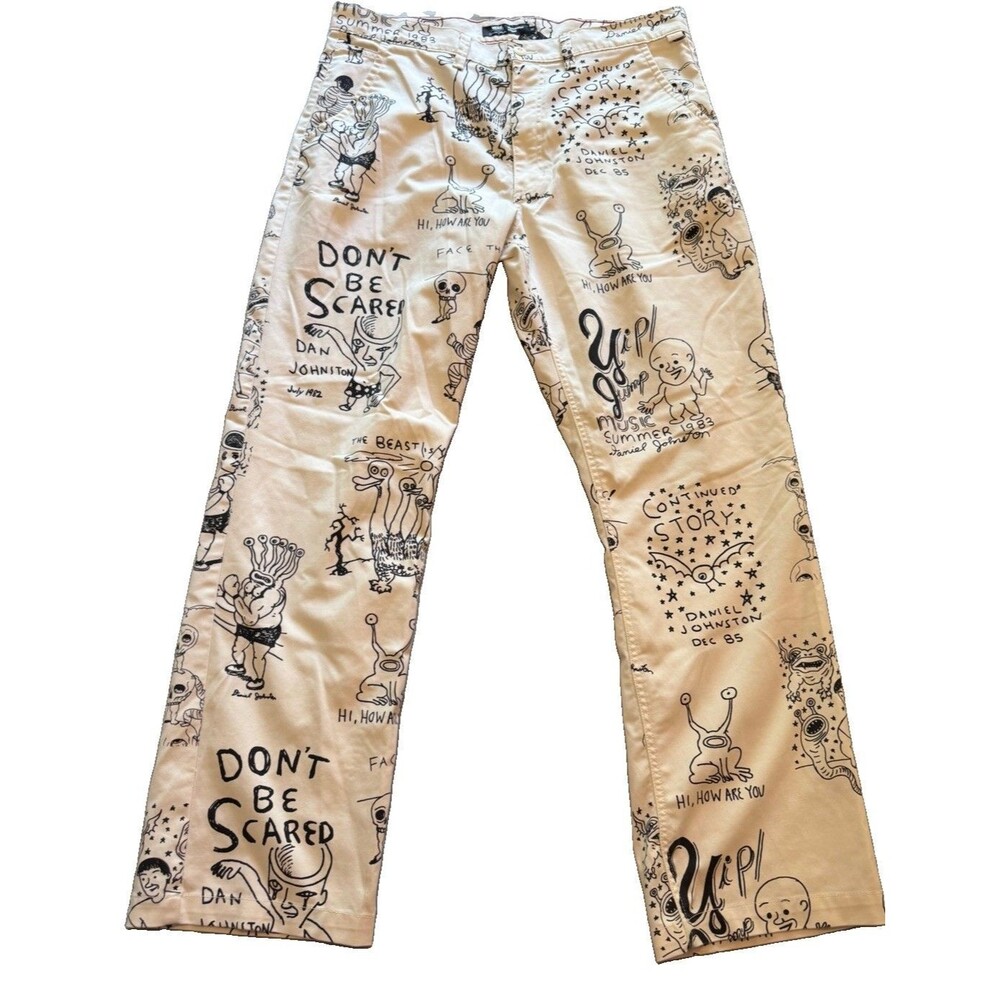 Vans Daniel Johnston Chino Pants Mens 36x31.5 Off White Graphic Loose Fit Skate - Picture 1 of 12
